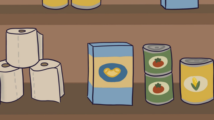 Cartoon-like drawing of toilet paper, boxed pasta, and cans